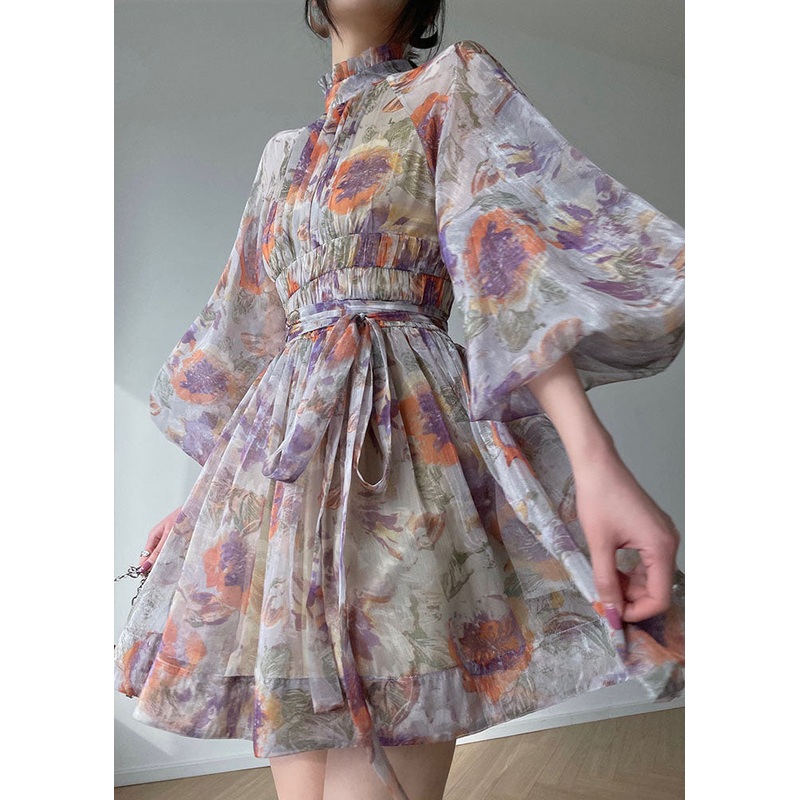 Beautiful Purple Stand Collar Wrinkled Print Silk Maxi Dresses Lantern Sleeve
