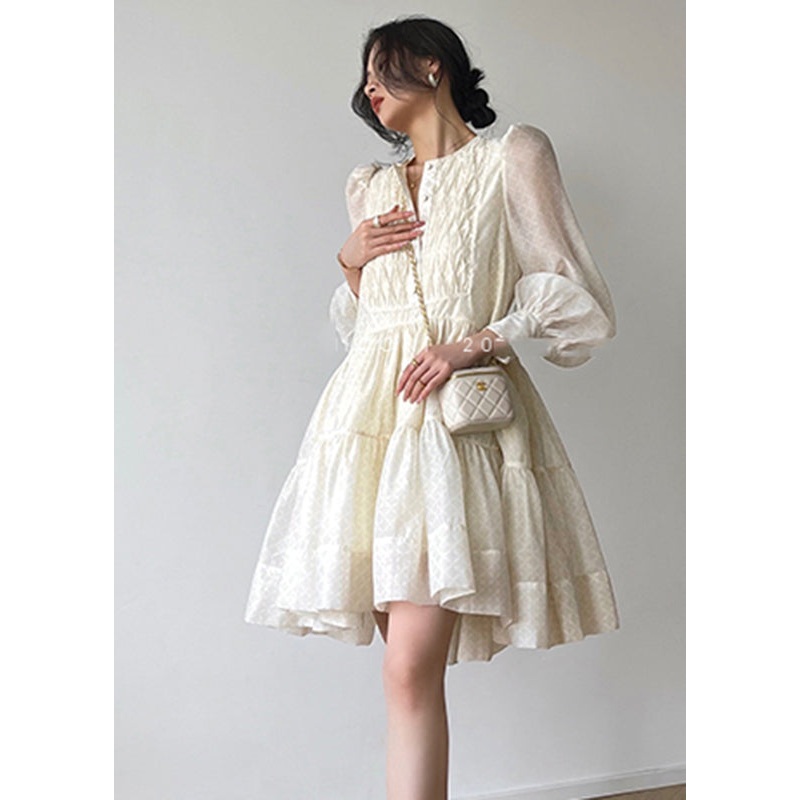 Beige O-Neck Button Silk Mid Dresses Long Sleeve