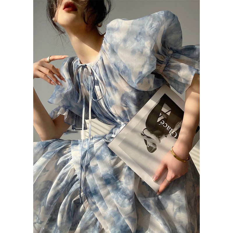 Bohemian Blue O Neck Patchwork Print Chiffon Dresses Summer