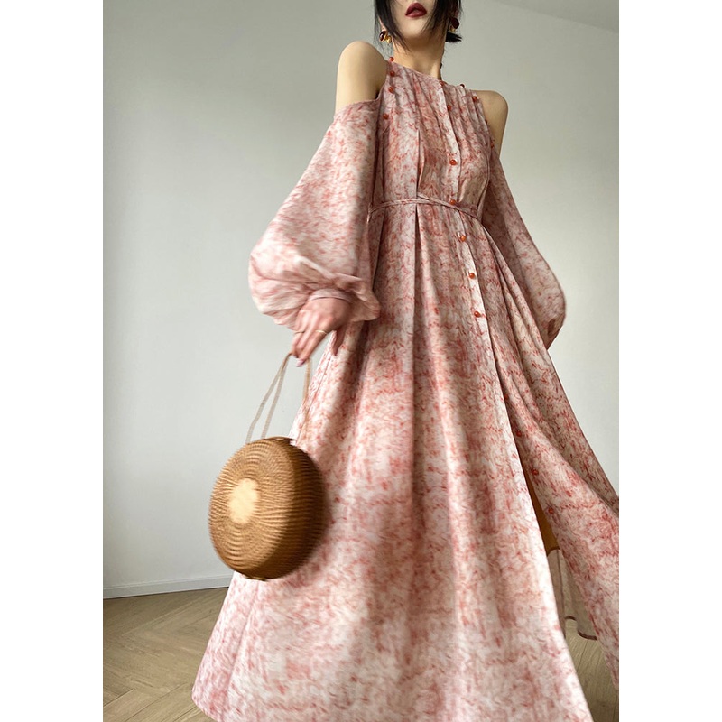 Bohemian O-Neck Print Button Pockets Tie Waist Chiffon Long Dresses Long Sleeve