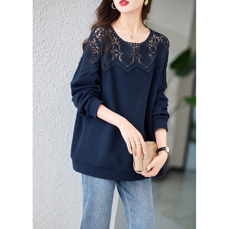 Chic Navy Embroideried Hollow Out Cotton Tops Spring