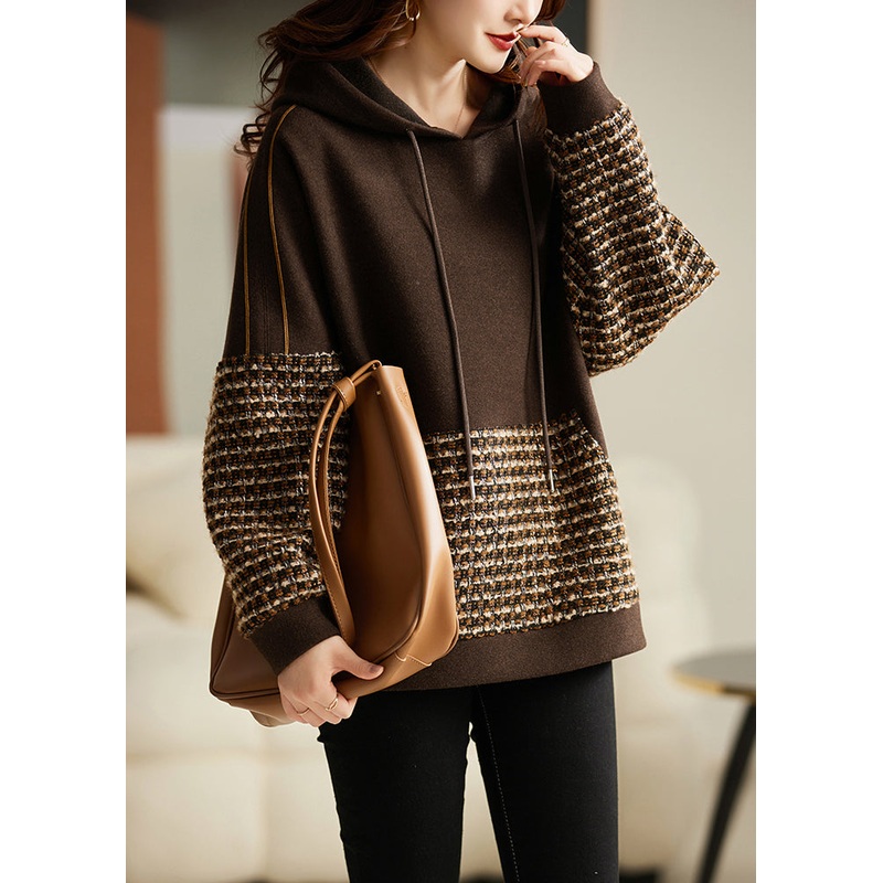 DIY Brown Hooded Patchwork Cotton Sweatshirt Streetwear Spring