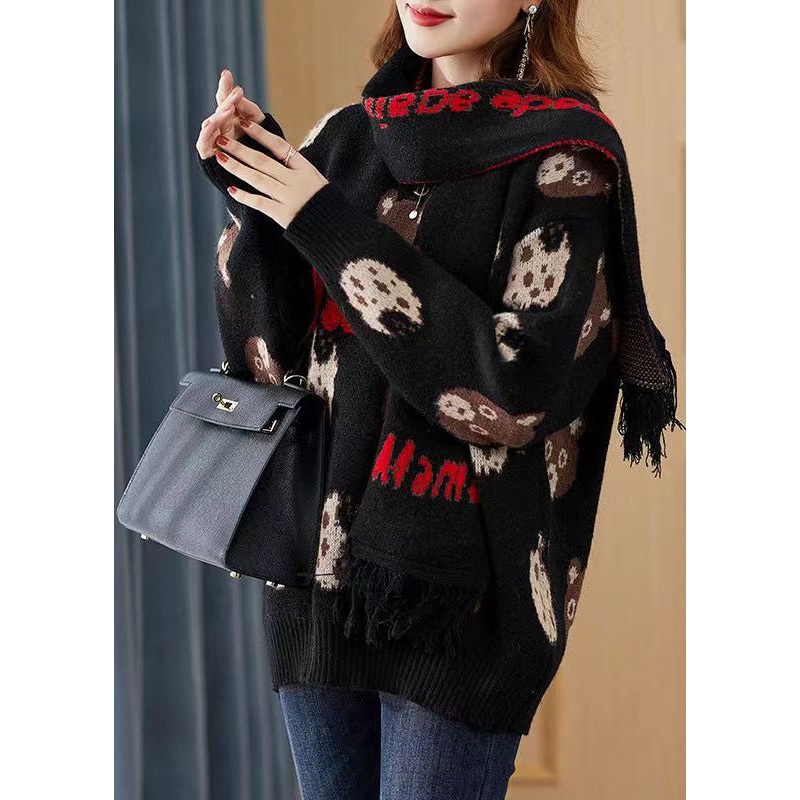 Fitted Black Print Free Scarf Knit Pullover Winter