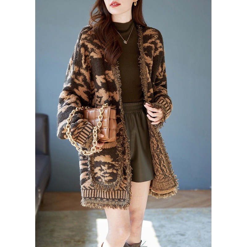 French Khaki Oversized Jacquard Knit Cardigans Winter