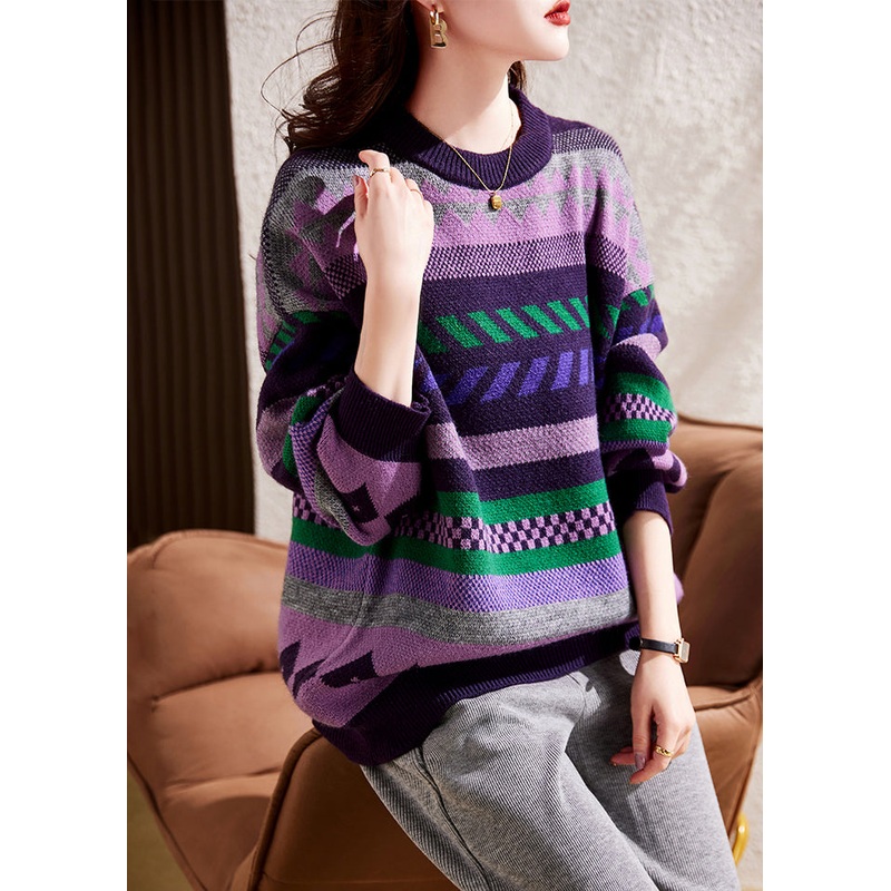 French Purple Striped Thick Knit Sweaters Winter