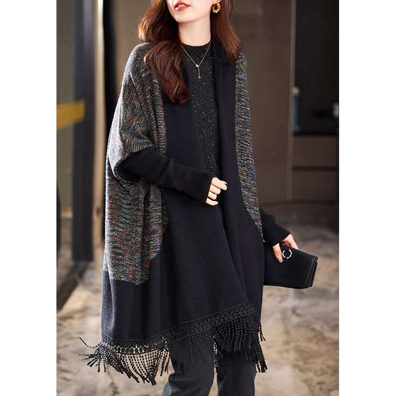 Handmade Black Tasseled Patchwork Knit Cardigan Batwing Sleeve