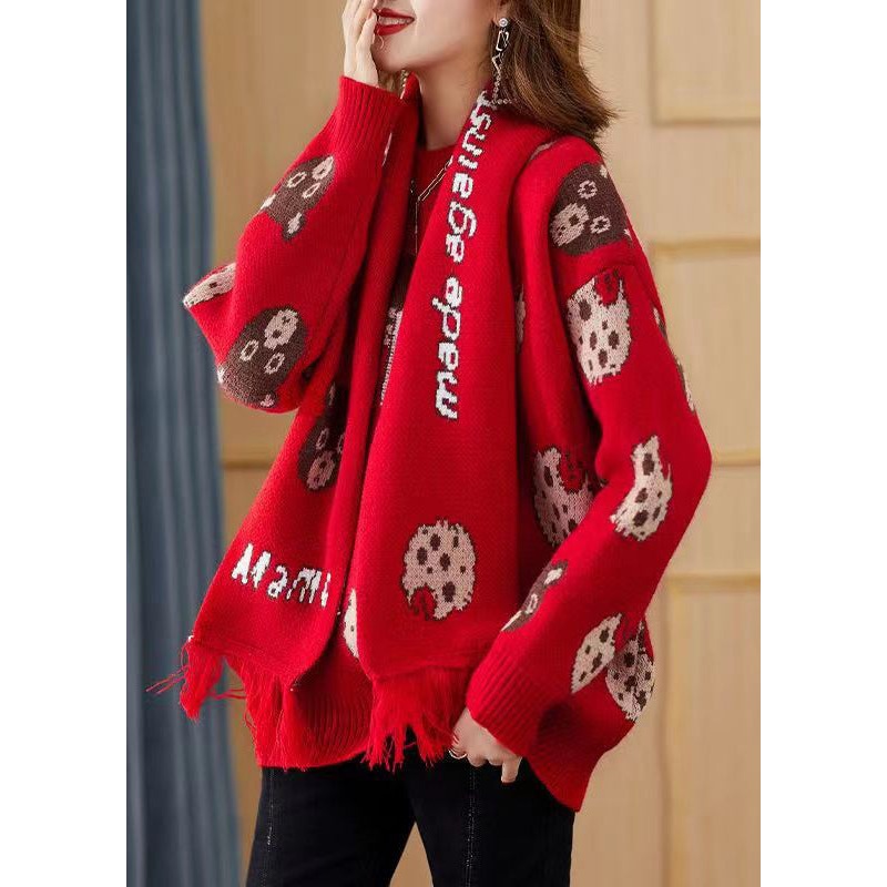 Red Print Chunky Knit Sweater Free Scarf Winter