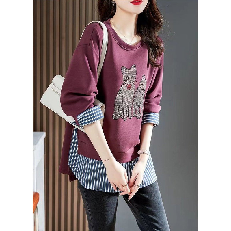 Simple Purple Cats Patchwork Cotton Pullover Tops Spring