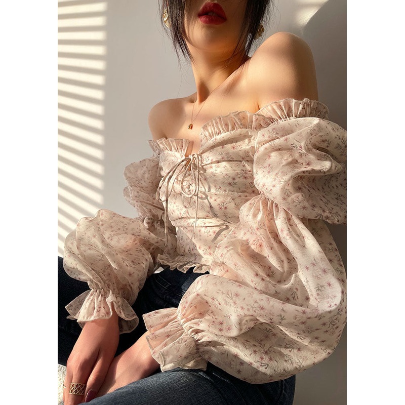 Style Beige Slash Neck Print Ruffles Sexy Blouse Top Long Sleeve