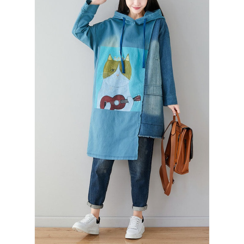Unique Blue Oversized Patchwork Cotton Sweatshirts Dress Spring