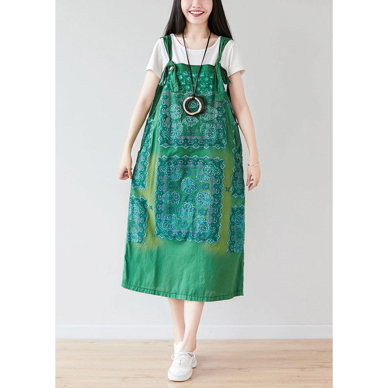 Vintage Green Oversized Print Cotton Strap Dress Spring