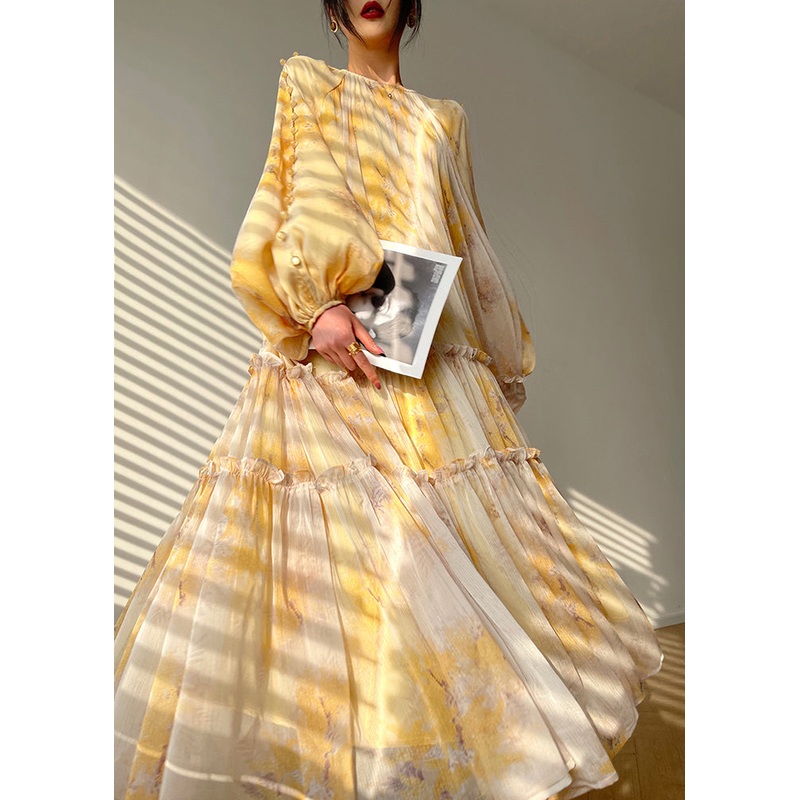 Vogue Yellow O-Neck Print Tie Waist Chiffon Maxi Dresses Long Sleeve