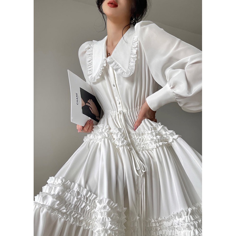 White Print Button Tie Waist Chiffon Dresses Long Sleeve