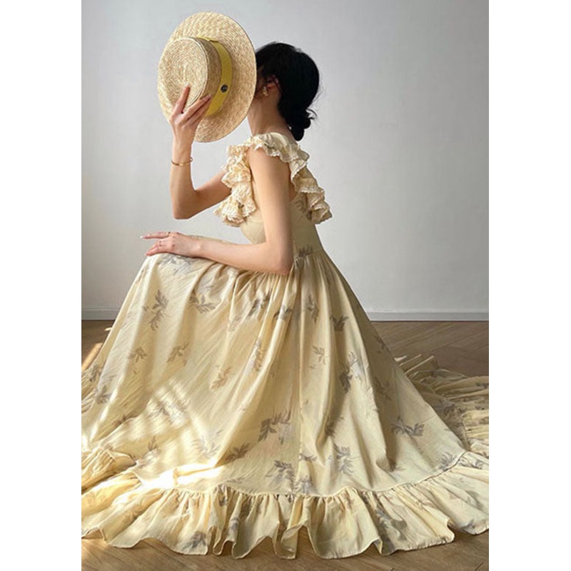 Women Beige Ruffled Backless Print Exra Large Hem Silk Long Dresses Summer