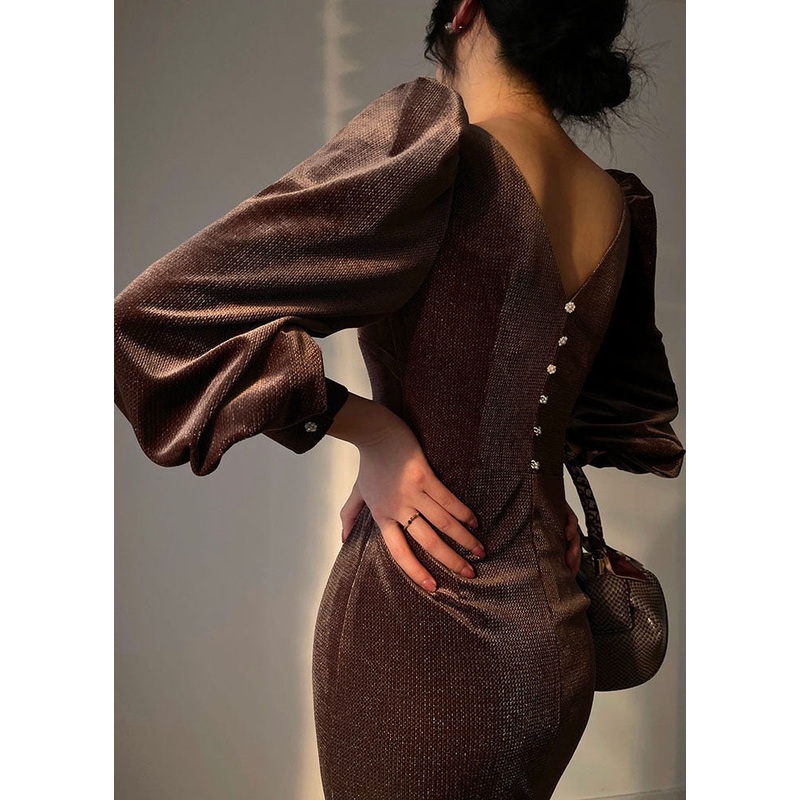 Women Brown V Neck Button Wraped Silk Velour Dresses Vestidos Long Sleeve