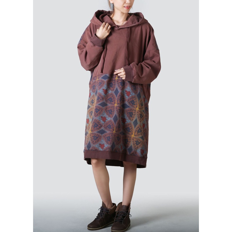 Women Coffee Hooded Patchwork Print Cotton Dresses Spring