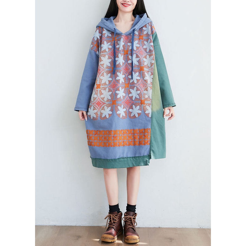 Women Green Hooded Print Cotton Mid Dresses Spring