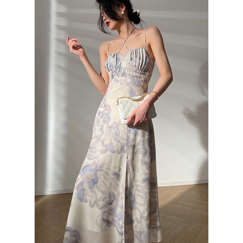 Women Square Collar Print Chiffon Maxi Dresses Sleeveless