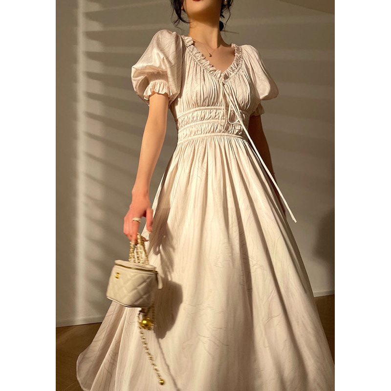 Women White V Neck Wrinkled Print Silk Maxi Dresses Summer