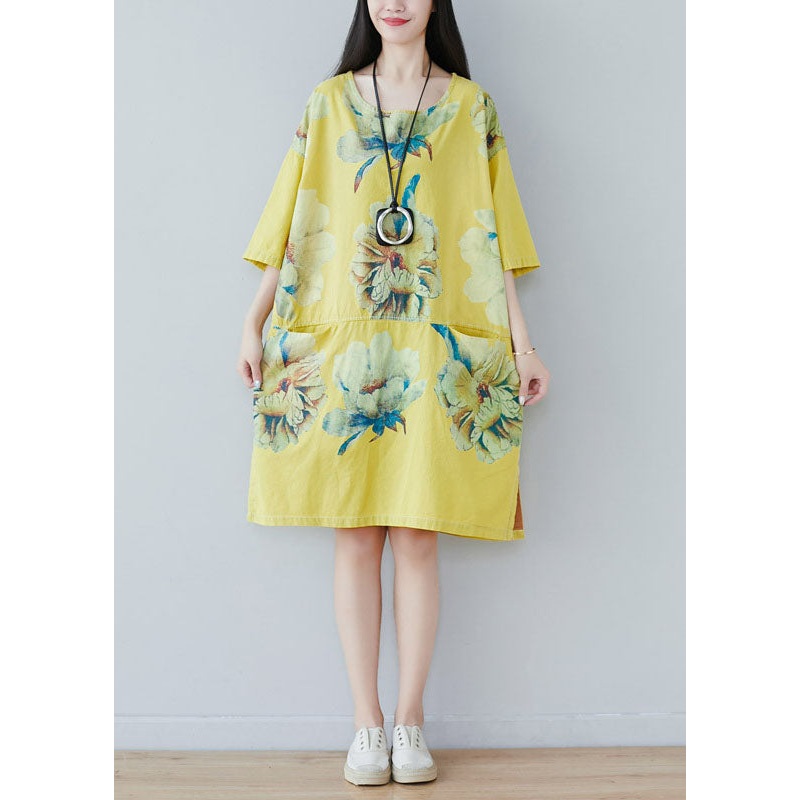 Yellow Patchwork Print Cotton Dress Half Sleeve