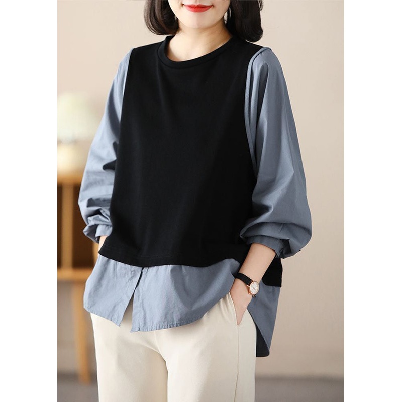 Black Patchwork Cotton Fake Two Piece Top O-Neck Spring