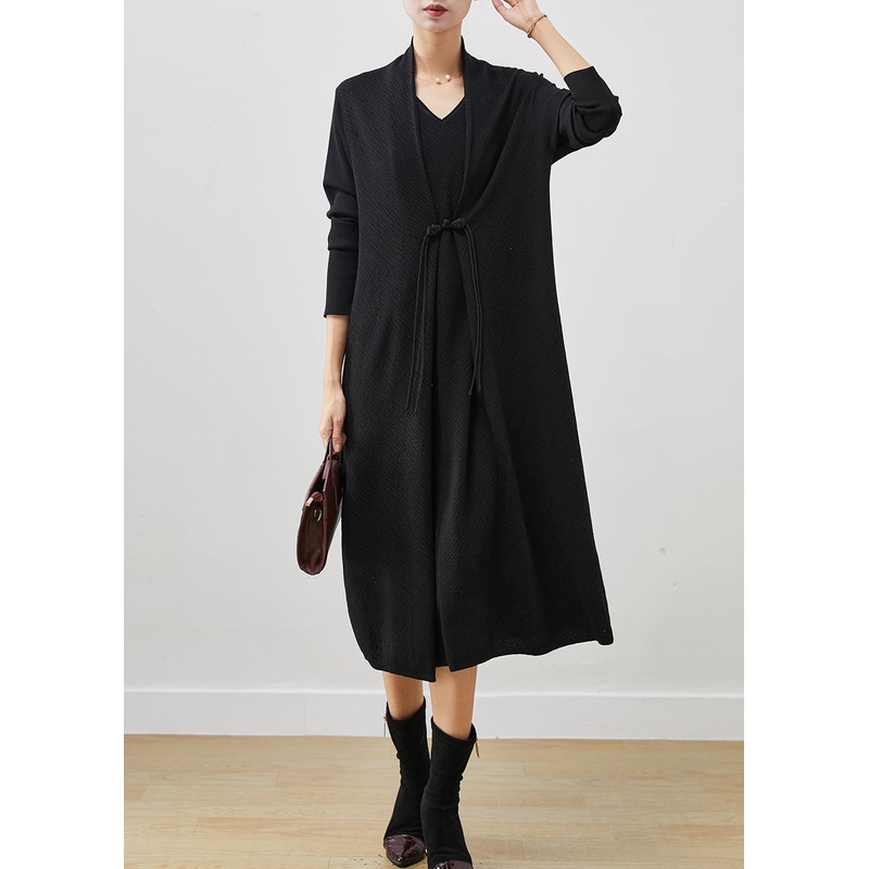 Black Patchwork Knit Fake Two Piece Dress Chinese Button Spring