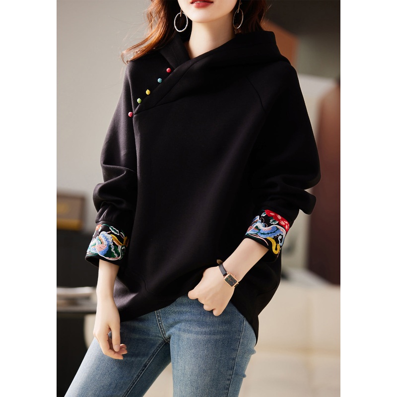 Boutique Black Hooded Embroideried Warm Fleece Sweatshirts Top Spring