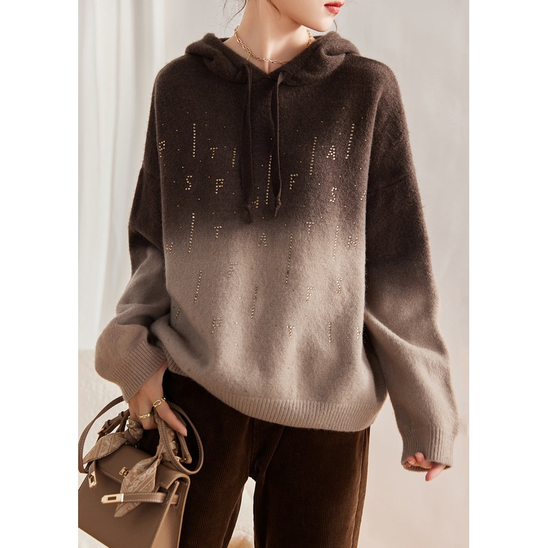 Casual Khaki Hooded Gradient Color Knit Sweatshirts Top Winter