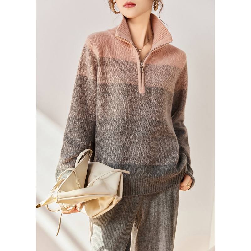 Classy Pink Zip Up Gradient Color Knit Loose Sweatshirts Top Winter