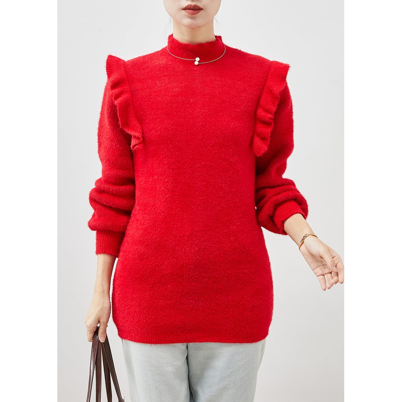 Classy Red Ruffled Patchwork Thick Knit Short Sweater Winter