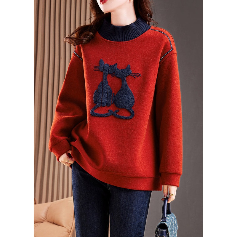 Elegant Red High Neck Patchwork Cotton Pullover Tops Winter