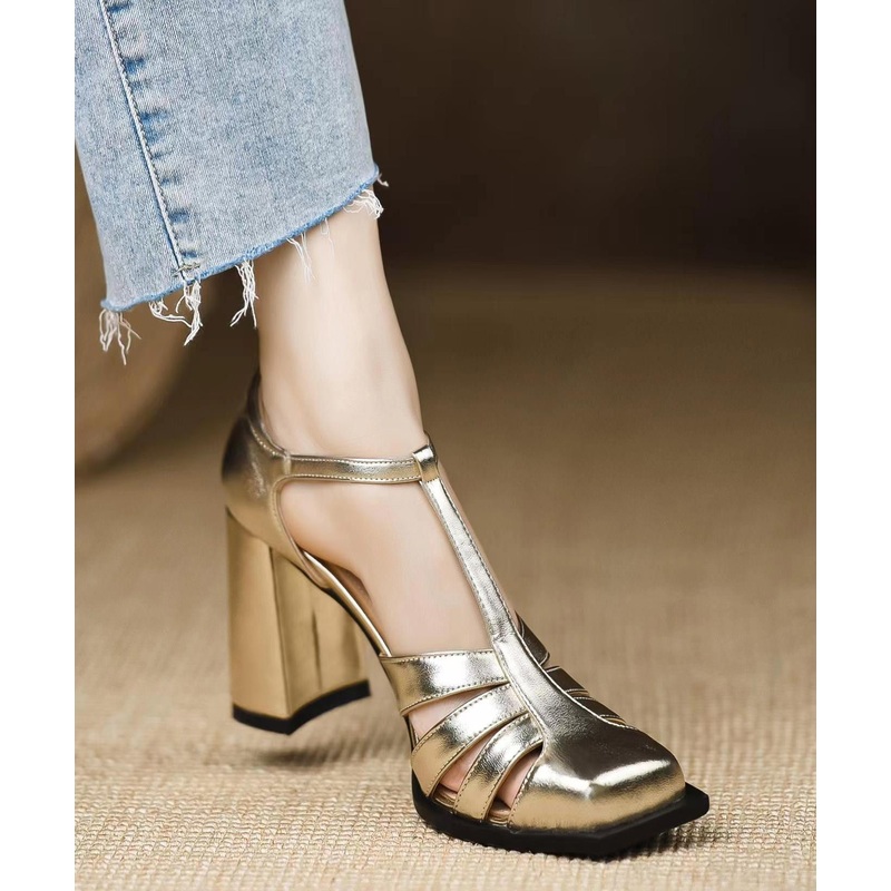 European And American Style Gold Sandals Chunky Heel Hollow Out