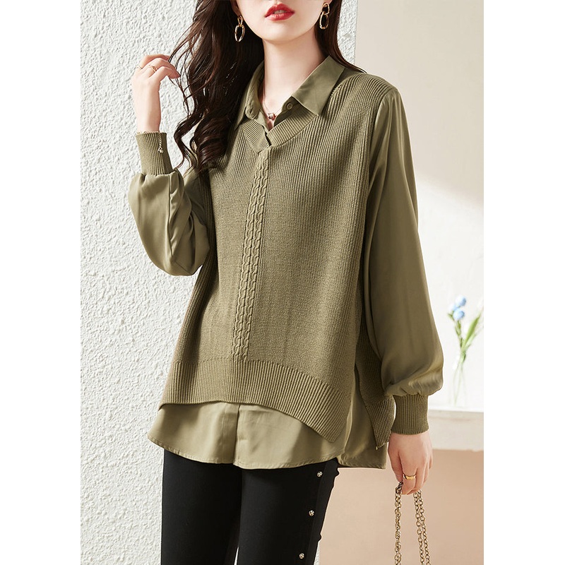 Fine Blackish Green Peter Pan Collar Patchwork Knit Shirt Spring