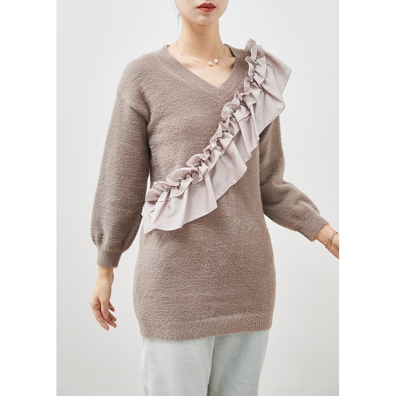 French Grey Ruffled Patchwork Thick Knit Sweaters Winter
