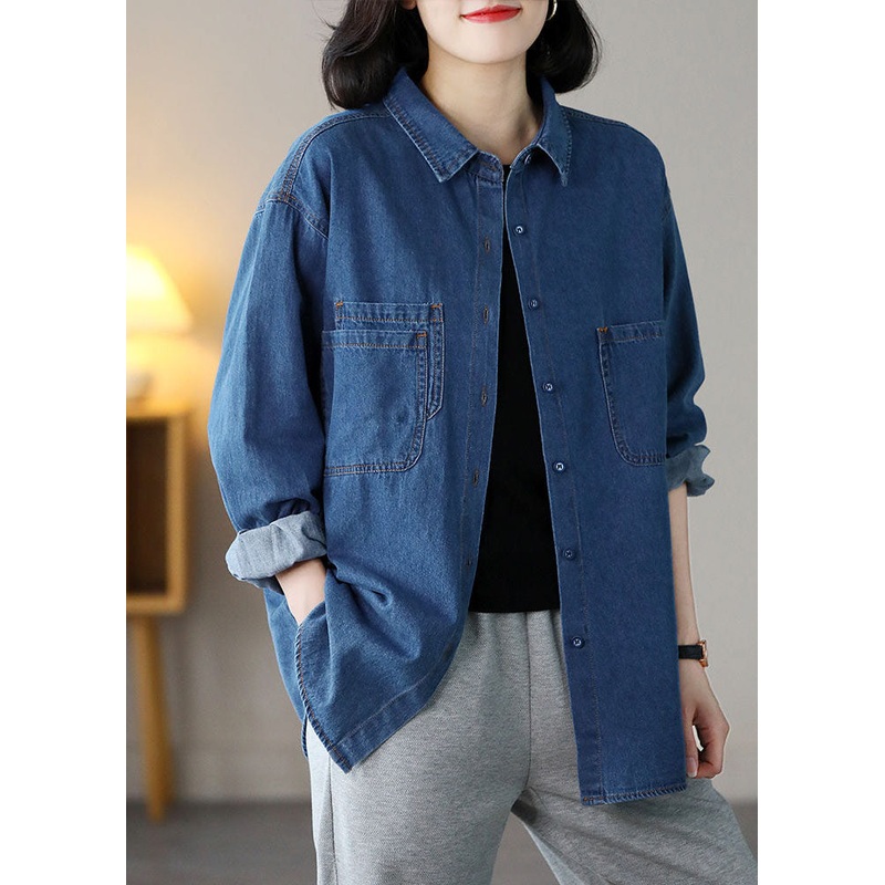 Plus Size Blue Peter Pan Collar Pockets Cotton Denim Shirts Spring