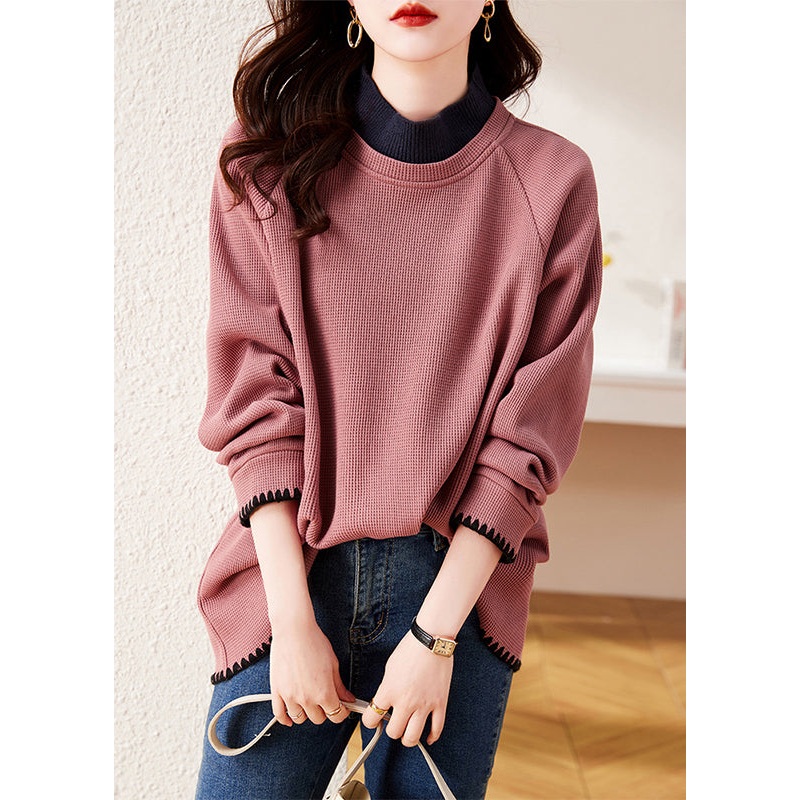 Stylish Rubber Red Stand Collar Patchwork Cotton Pullover Sweatshirt Spring