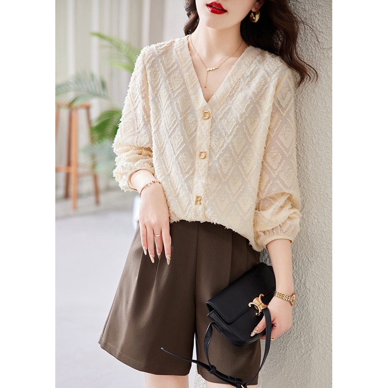 Women Beige V Neck Letter Cotton Blouses Spring