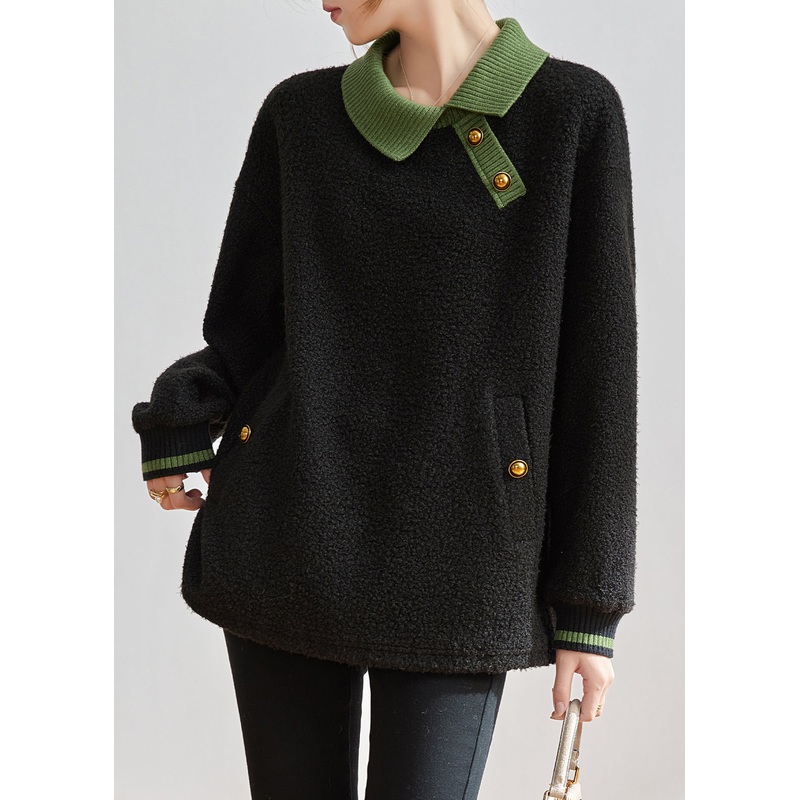 Women Black Peter Pan Collar Patchwork Teddy Faux Fur Sweatshirts Top Winter
