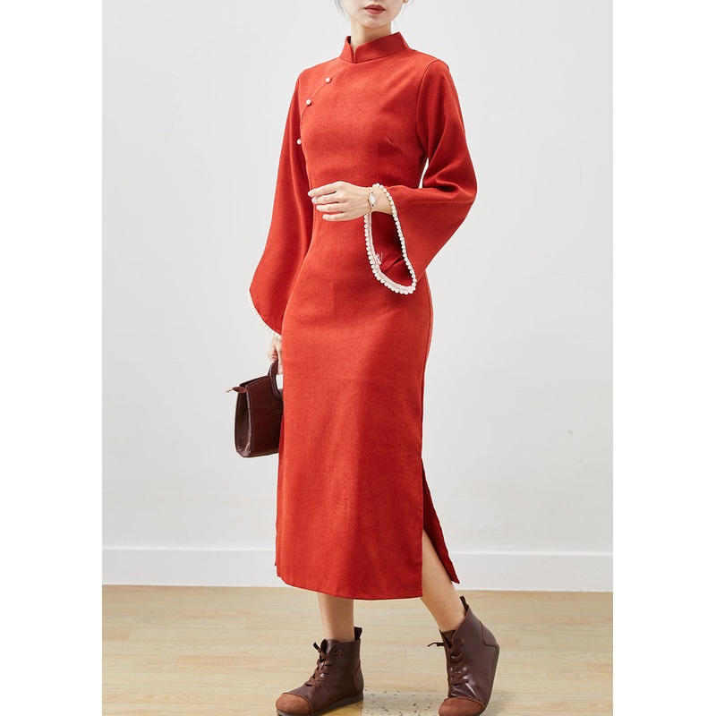 Women Orange Silm Fit Cotton Vacation Dresses Cheongsam Flare Sleeve