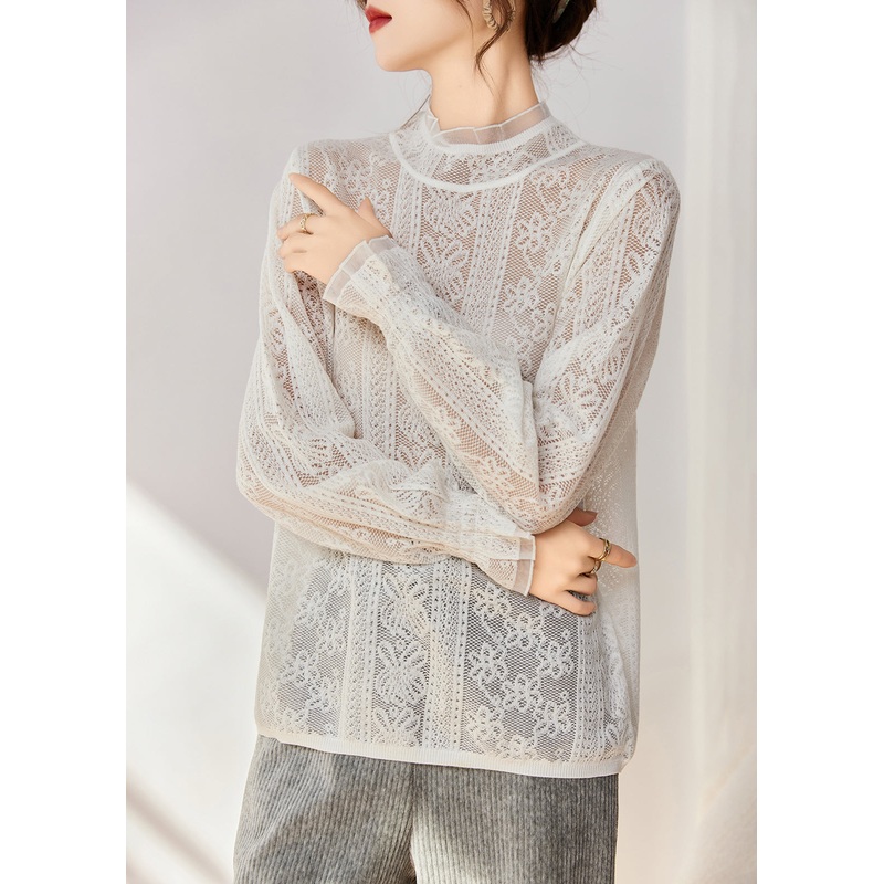 Women White Hollow Out Slim Fit Lace Shirts Spring