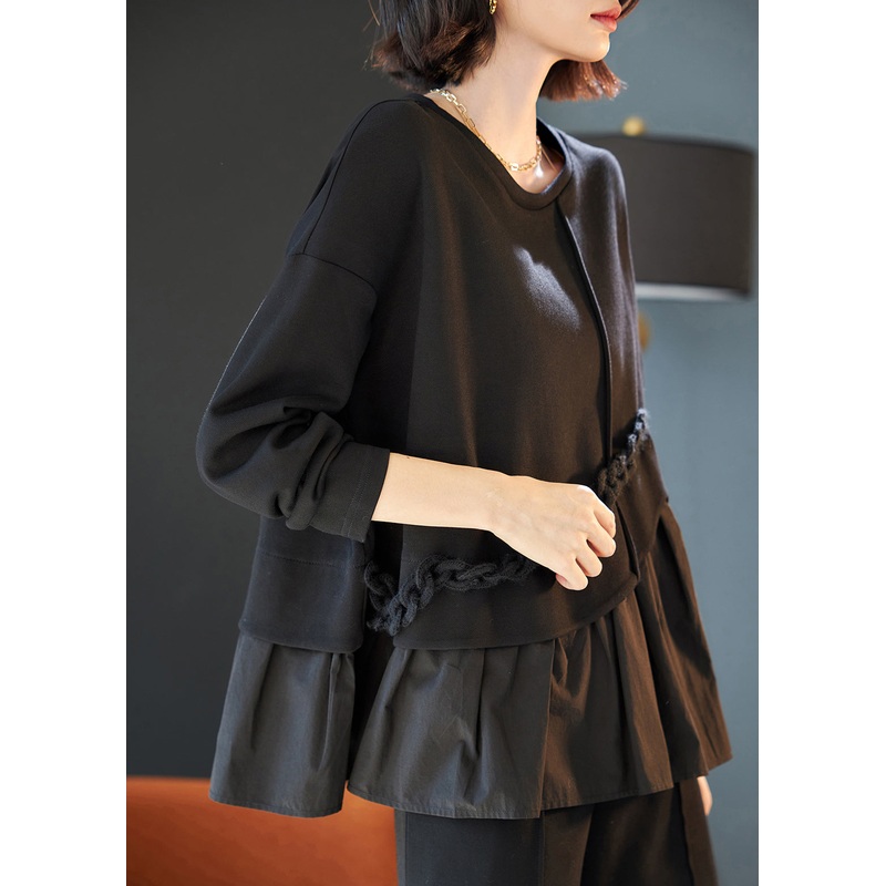 Art Black Oversized Patchwork Ruffles Cotton Sweatshirts Top Spring