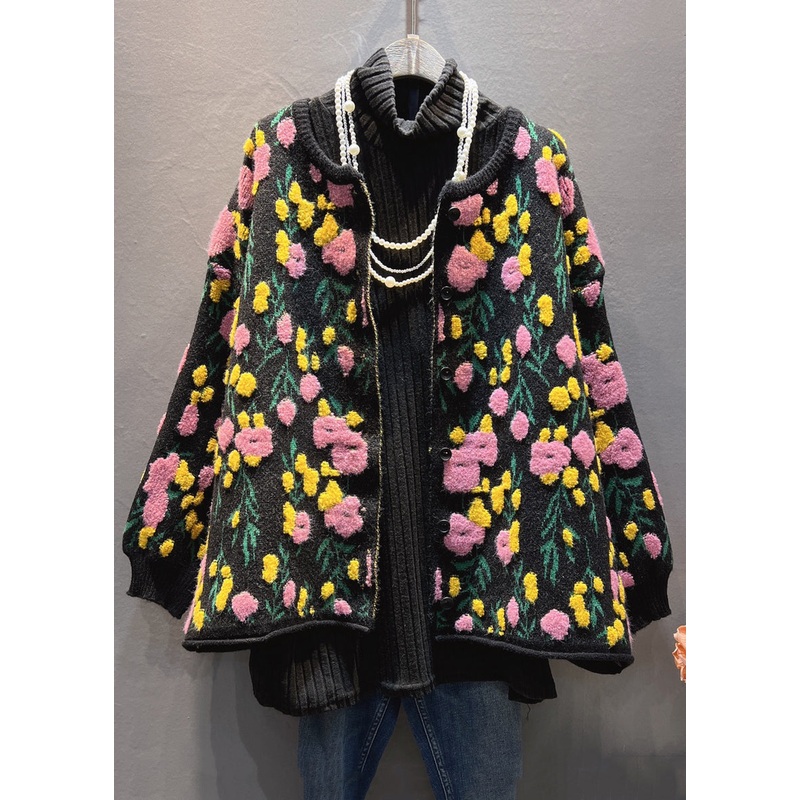 Black Cozy Patchwork Loose Knit Coat O-Neck Spring