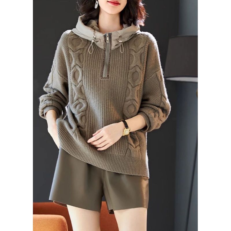 Casual Grey Hooded Patchwork Knit Sweatshirts Top Winter