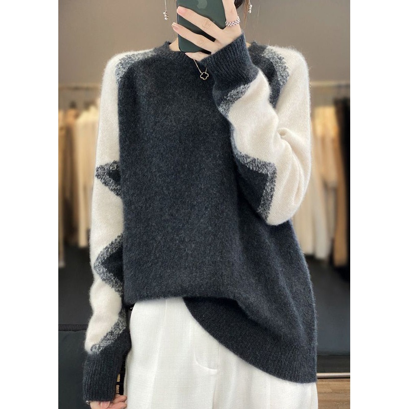 Chic Dark Gray O Neck Patchwork Cozy Wool Sweaters Spring