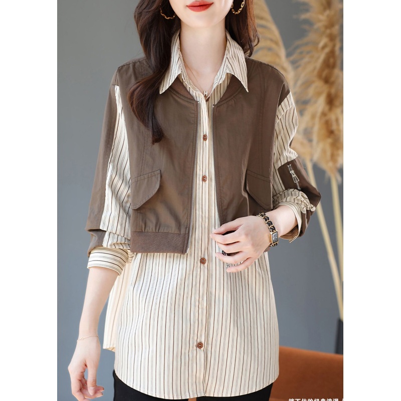 Chic Khaki Striped Patchwork Cotton Fake Two Piece Shirt Top Spring