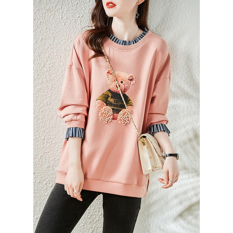 Fashion Pink Bear Patchwork Warm Fleece Sweatshirts Top Winter