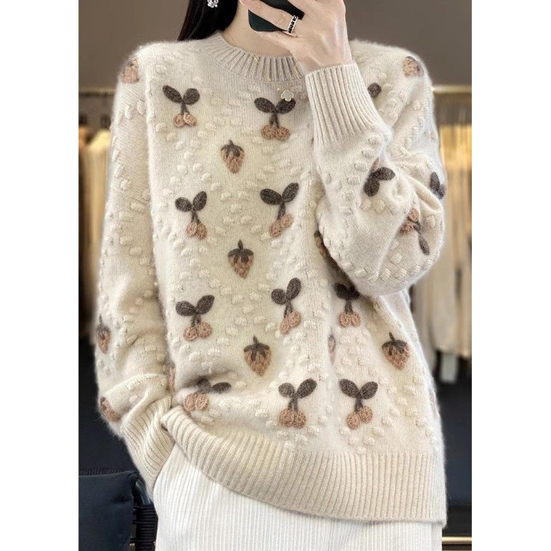 Floral Beige O Neck Cozy Cotton Knit Sweaters Long Sleeve