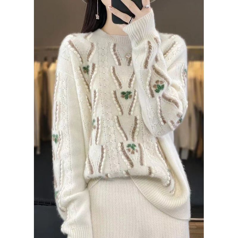 Floral Beige O Neck Hollow Out Cozy Wool Sweaters Spring