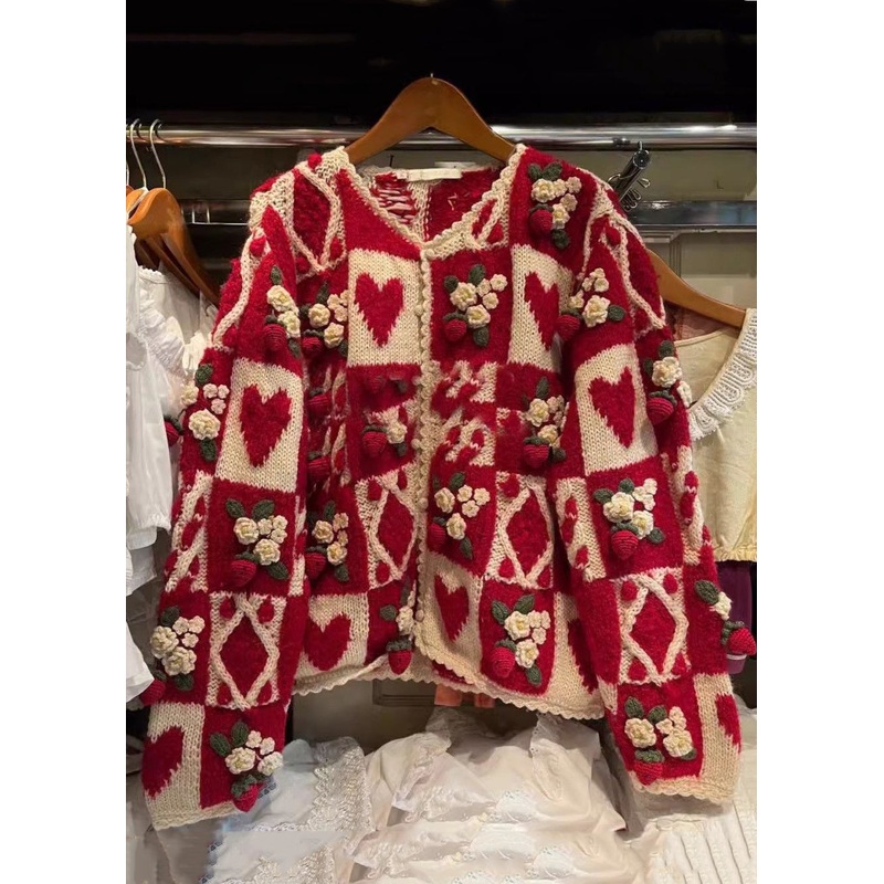 Floral Red O Neck Button Patchwork Knit Cardigan Long Sleeve