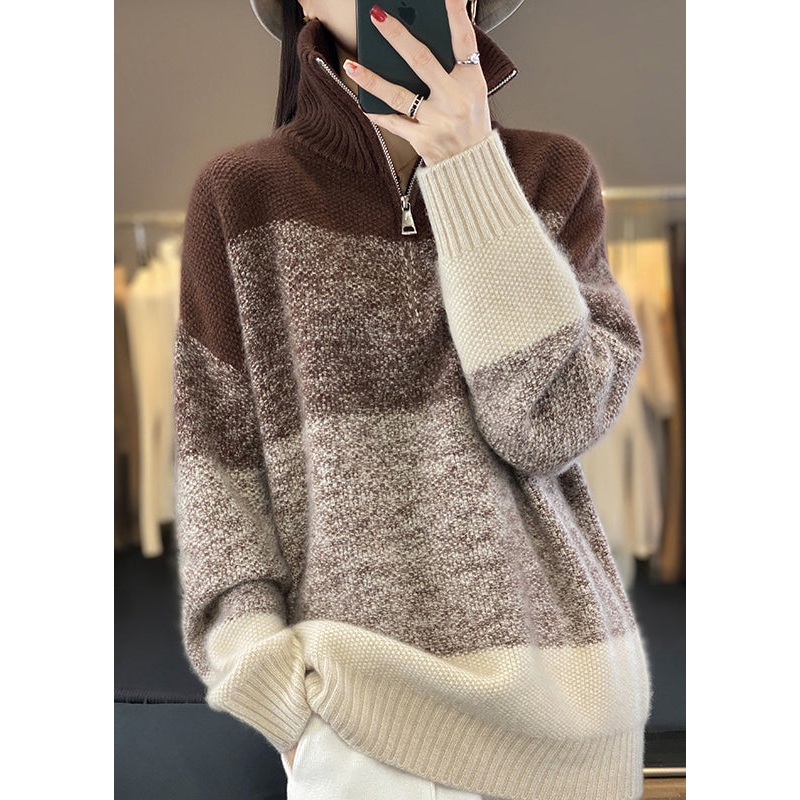 French Brown Zip Up Patchwork Cozy Cotton Knit Sweaters Long Sleeve